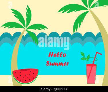 Biglietto d'auguri con paesaggio estivo di palme, anguria e cocktail in spiaggia. Testo. Illustrazione vettoriale. Relax. Illustrazione Vettoriale