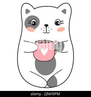 Carino gatto kawaii con tazza rosa. Illustrazione Vettoriale