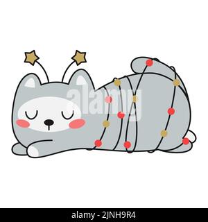 Carino natale kawaii gatto dormire in ghirlanda. Illustrazione Vettoriale