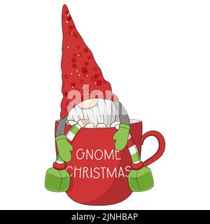 Simpatico gnome di natale seduto in tazza. Illustrazione Vettoriale