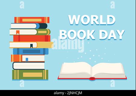 Giornata mondiale del libro 23 aprile. Pila di libri colorati con libro aperto su sfondo teal. Illustrazione del vettore educativo. eps 10 Illustrazione Vettoriale