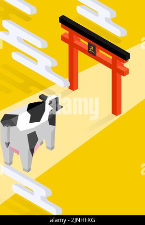 2021 carta di Capodanno torii e mucca isometrica - traduzione: Mucca Illustrazione Vettoriale