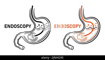 Endoscopia stomaco, endoscopio, gastroscopia gastrointestinale linea diagnostica medica icona. Gastroenterologia. Gastrite, ulcera. Tratto intestinale. Vettore Illustrazione Vettoriale