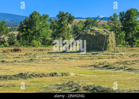 beaverslide pagliaio e trattore nella valle di avon vicino ad avon, montana Foto Stock