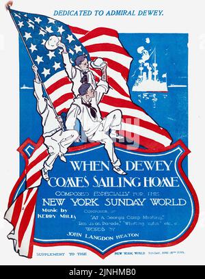 Quando Dewey viene a vela casa (1899) dedicato all'ammiraglio Dewey, composto per il New York Sunday World, Musica di Kerry Mills, parole di John Langdon Heaton. Copertina per musica spartiti. Foto Stock