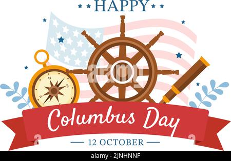 Felice Columbus Day National Holiday Hand Drawed Cartoon Illustrazione con onde blu, Bussola, nave e bandiere degli Stati Uniti in stile piatto sfondo Illustrazione Vettoriale