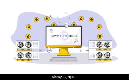 carte da tavolo e grafica minerario processo criptovalute con bitcoin monete con 3d simboli bitcoin e asterischi Illustrazione Vettoriale