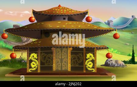 Antica pagoda cinese con la Grande Muraglia sullo sfondo. Pittura digitale sfondo, Illustrazione. Foto Stock