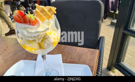 Hot & cold - specialità di gelato alle bacche con gelato e budino Foto Stock