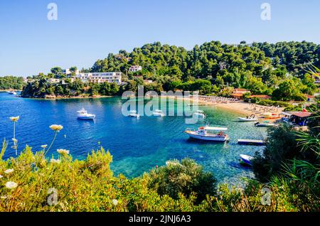 Spiaggia di Troulos, isola di Skiathos, Grecia. Bella vista panoramica vivace della costa blu del mar egeo dalla scogliera selvaggia. Vacanza estiva in greco Foto Stock