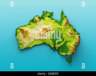 Un rendering 3D della mappa australiana in rilievo ombreggiato su uno sfondo blu Foto Stock