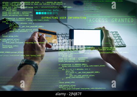 Hacker hacking, commettere frodi o furti finanziari con la tecnologia informatica della carta di credito bancaria e un'app telefonica o un software con dati grafici CGI Foto Stock