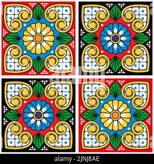 Ceramica talavera vettore mattonelle senza cuciture modello con fiori e foglie, design ripetitivo in stile messicano piastrelle ornamentali Illustrazione Vettoriale