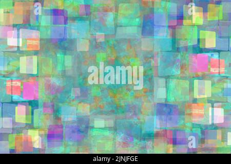 Colorate piazze astratte di arte moderna acquerello collagato in verde, lime, menta, viola, bianco, giallo e blu, su sfondo blu. Illustrazione Vettoriale