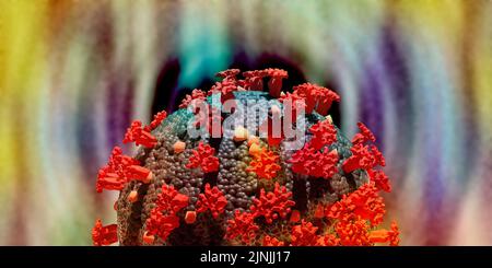Сoronavirus covid omicron ceppo centauro primo piano rendering 3D. Per la progettazione medica. Prevenzione delle pandemie. Foto Stock