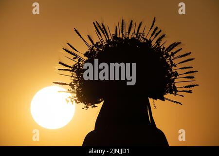 Londra, Regno Unito. 11th agosto, 2022. UK Weather: Una signora inglese-Ucraina che indossa una tradizionale corona floreale guarda il tramonto dalla cima di Greenwich Park. Credit: Guy Corbishley/Alamy Live News Foto Stock