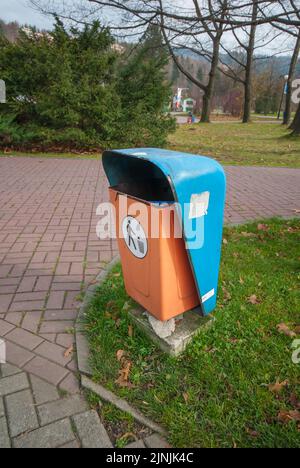 Un contenitore di cestino accanto a un marciapiede in un parco Foto Stock