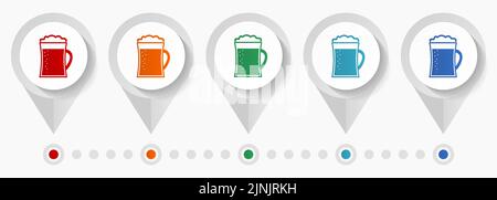 Birra in tazza, lager, icone vettoriali di concetto di bevanda, modello infografico facile da modificare, set di puntatori colorati di design piatto per webdesign e applicazioni per dispositivi mobili Illustrazione Vettoriale