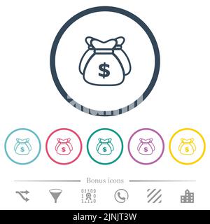 Tre sacchetti del dollaro delineano le icone piatte di colore nei contorni rotondi. 6 icone bonus incluse. Illustrazione Vettoriale