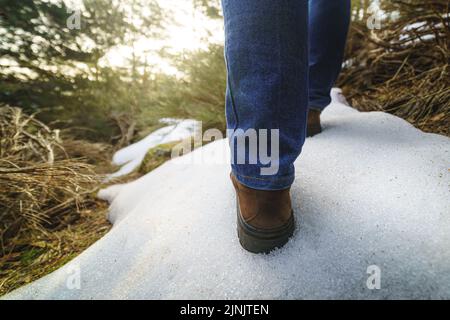 persona che cammina sulla neve nella foresta verde con i raggi di sole di fronte. Concetto di escursionismo. Madrid. Foto Stock