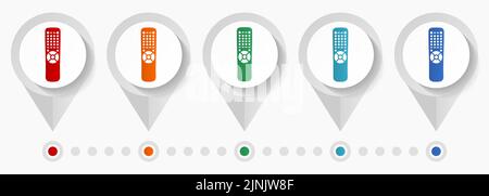 Telecomando TV, icone vettoriali per il concetto televisivo, modello infografico facile da modificare, set di puntatori colorati dal design piatto per webdesign e mobile A. Illustrazione Vettoriale