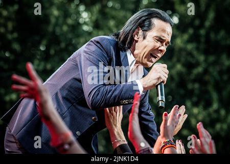 Nick Cave si esibisce dal vivo sul palco Foto Stock