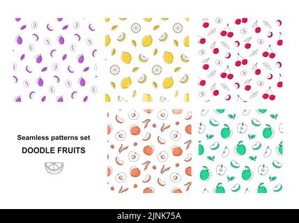 Imposta senza cuciture motivi linea arte doodle frutta per l'imballaggio Illustrazione Vettoriale