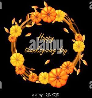 Felice ringraziamento. Corona circolare decorativa con rami e zucche Illustrazione Vettoriale