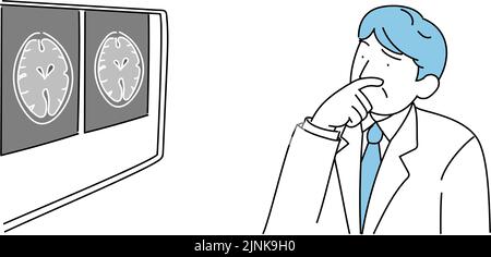 Un medico maschio che pensa guardando l'immagine presa dalla MRI del cervello Illustrazione Vettoriale
