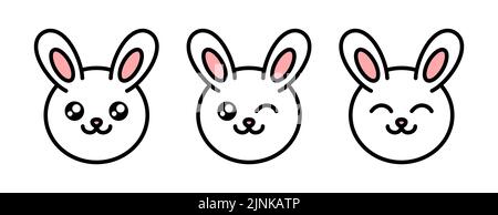 Cute bianco coniglio faccia set. Bunny emoticon sorridente e strizzante. Kawaii bianco coniglietto emoji. Icona della faccia di coniglio. Divertente espressione di carattere cartoon animale. Illustrazione Vettoriale