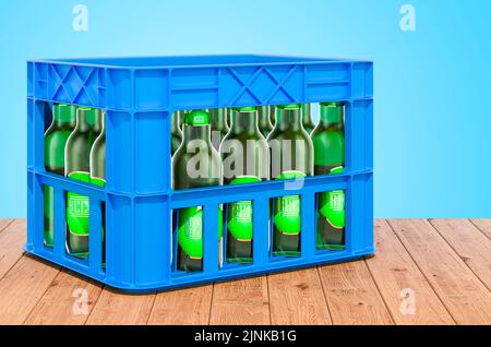 Cassa con bottiglie di birra sulle tavole di legno, 3D rendering Foto Stock