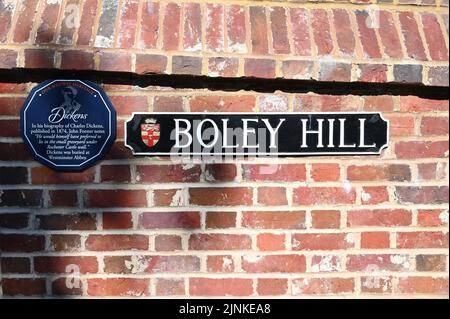 Boley Hill, cartello stradale a Rochester Castle in Kent. Foto Stock