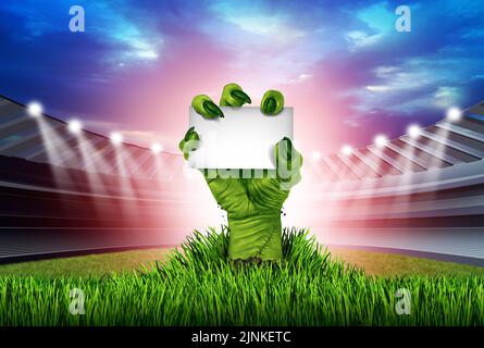 La mano di zombie che si alza da un campo da stadio d'erba come simbolo per l'evento sportivo di Halloween o l'annuncio stagionale con 3D elementi illustrativi. Foto Stock