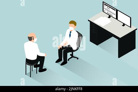 AGA isometrico per gli uomini che ricevono il consiglio del medico per il trattamento di perdita dei capelli Illustrazione Vettoriale