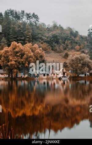 Uno scatto verticale del lago che riflette alberi e case sulla riva. Foto Stock