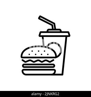Icona Fast Food Vector. Hamburger e soda da asporto, icona del fast food, contorno piatto su sfondo bianco, illustrazione Vector Illustrazione Vettoriale