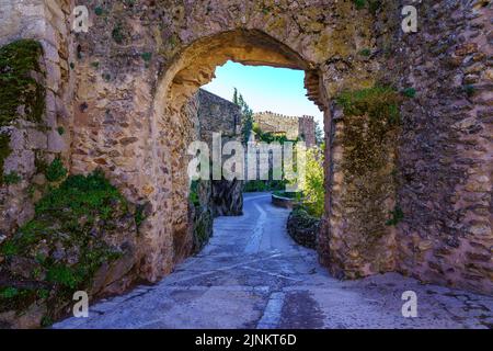 Porta ad arco nel muro perimetrale della città medievale di Buitrago de Lozoya, Madrid. Foto Stock