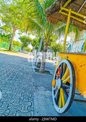 Il negozietto di succo tropicale arancione su ruote a Playa del Carmen Messico Foto Stock