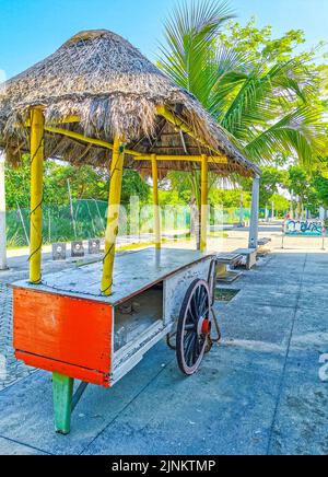 Il negozietto di succo tropicale arancione su ruote a Playa del Carmen Messico Foto Stock