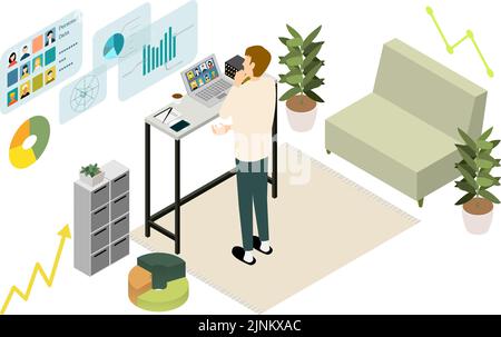 Le persone che lavorano da casa e che lavorano in telelavoro sono in riunione online Illustrazione Vettoriale