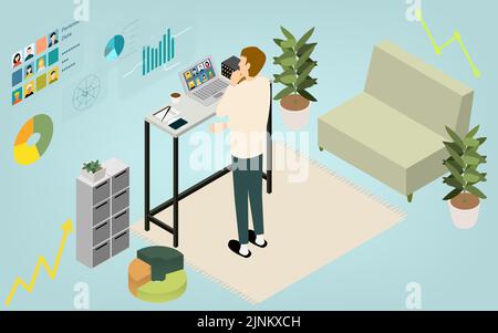 Le persone che lavorano da casa e che lavorano in telelavoro sono in riunione online Illustrazione Vettoriale