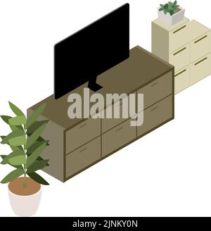 Isometriche, tavole TV e piante fogliame nel soggiorno Illustrazione Vettoriale
