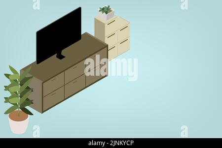 Isometriche, tavole TV e piante fogliame nel soggiorno Illustrazione Vettoriale