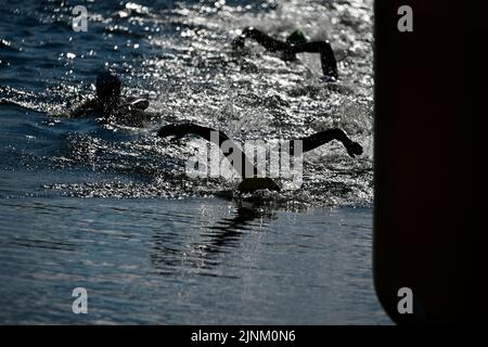 Monaco, Germania. 12th ago, 2022. L'immagine mostra il triathlon femminile euro, che fa parte dei Campionati europei di Monaco 2022, a Monaco di Baviera, Germania, venerdì 12 agosto 2022. La seconda edizione dei Campionati europei si svolge dal 11 al 22 agosto e prevede nove sport. FOTO DI BELGA ERIC LALMAND Credit: Belga News Agency/Alamy Live News Foto Stock