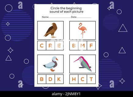 Cerchiate il suono iniziale di ogni uccello. Gioco educativo per bambini Illustrazione Vettoriale