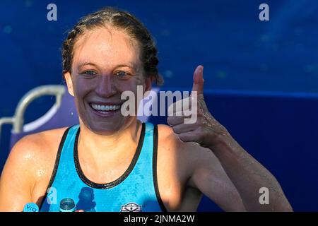 Il triatleta belga Valerie Barthelemy reagisce dopo il triathlon femminile euro, che fa parte dei Campionati europei di Monaco 2022, a Monaco di Baviera, in Germania, venerdì 12 agosto 2022. La seconda edizione dei Campionati europei si svolge dal 11 al 22 agosto e prevede nove sport. FOTO DI BELGA ERIC LALMAND Foto Stock