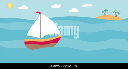 Immagine piatta di una nave a vela in mare che naviga verso un'isola con palme. Cartolina del viaggiatore. Banner con uno yacht sulle onde. Backgro vettoriale Illustrazione Vettoriale