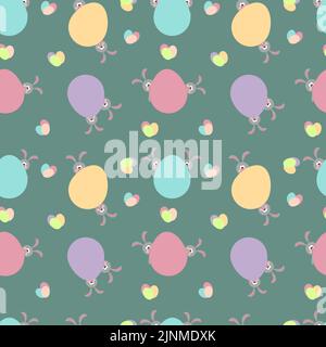 Illustrazione senza cuciture con uova di Pasqua colorate e simpatici conigli. Illustrazione Vettoriale