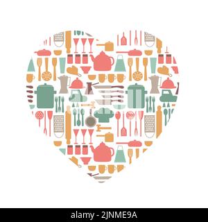 Biglietto d'auguri con una collezione di utensili e attrezzi per cucinare con amore. Illustrazione Vettoriale