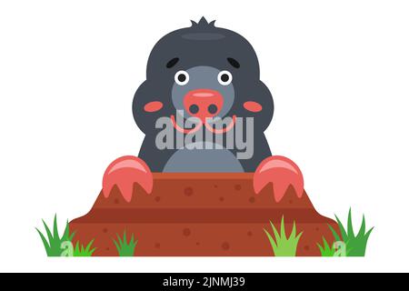 una talpa sbirca fuori di un buco nel giardino. disegno piatto del vettore. Illustrazione Vettoriale